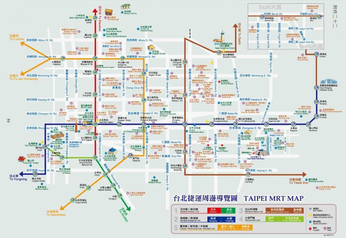 Taipei mrt mapy, turistických miestach,
